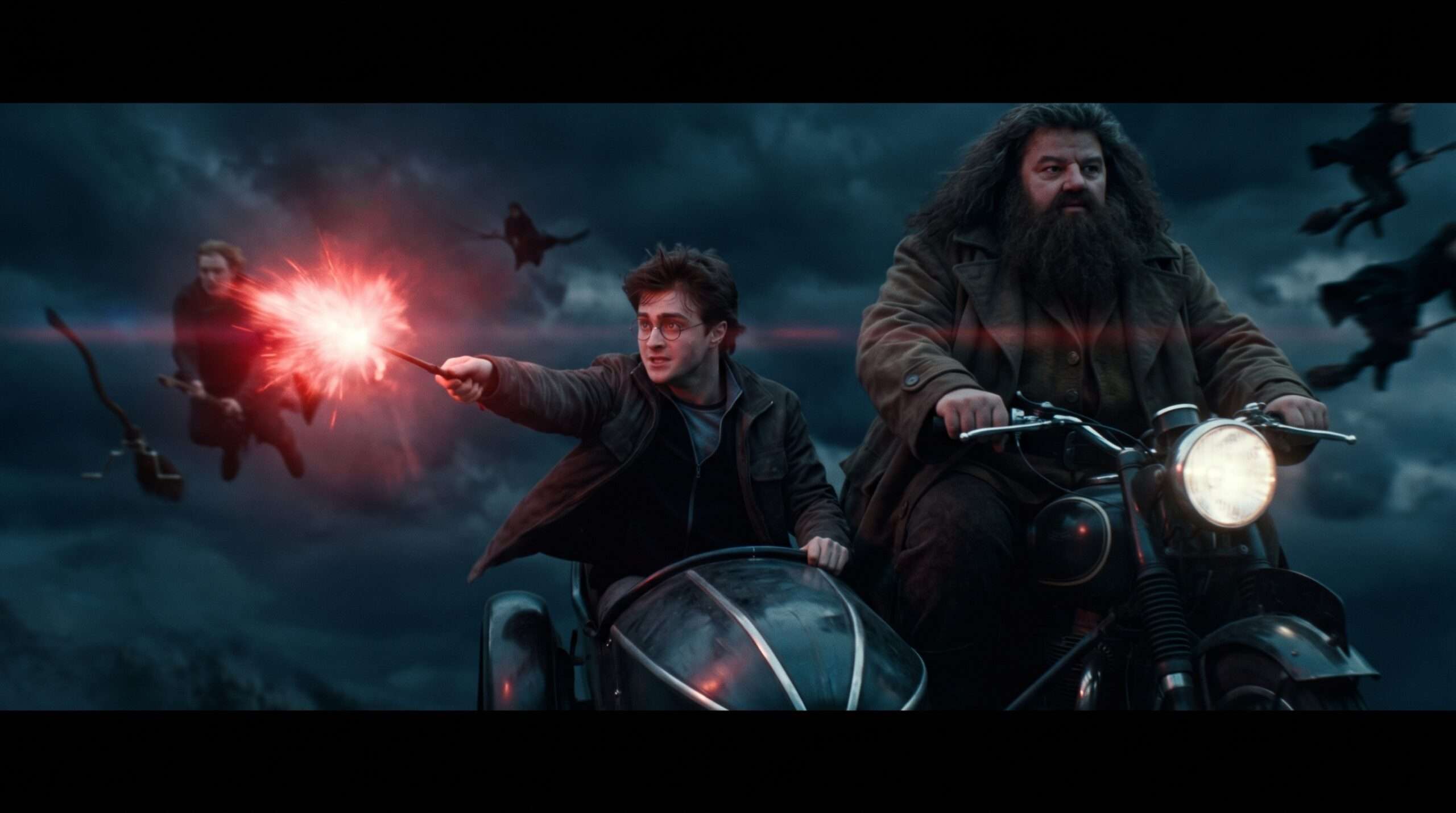 Harry Potter casting the disarming spell Expelliarmus during a mid-air battle over the clouds at night.