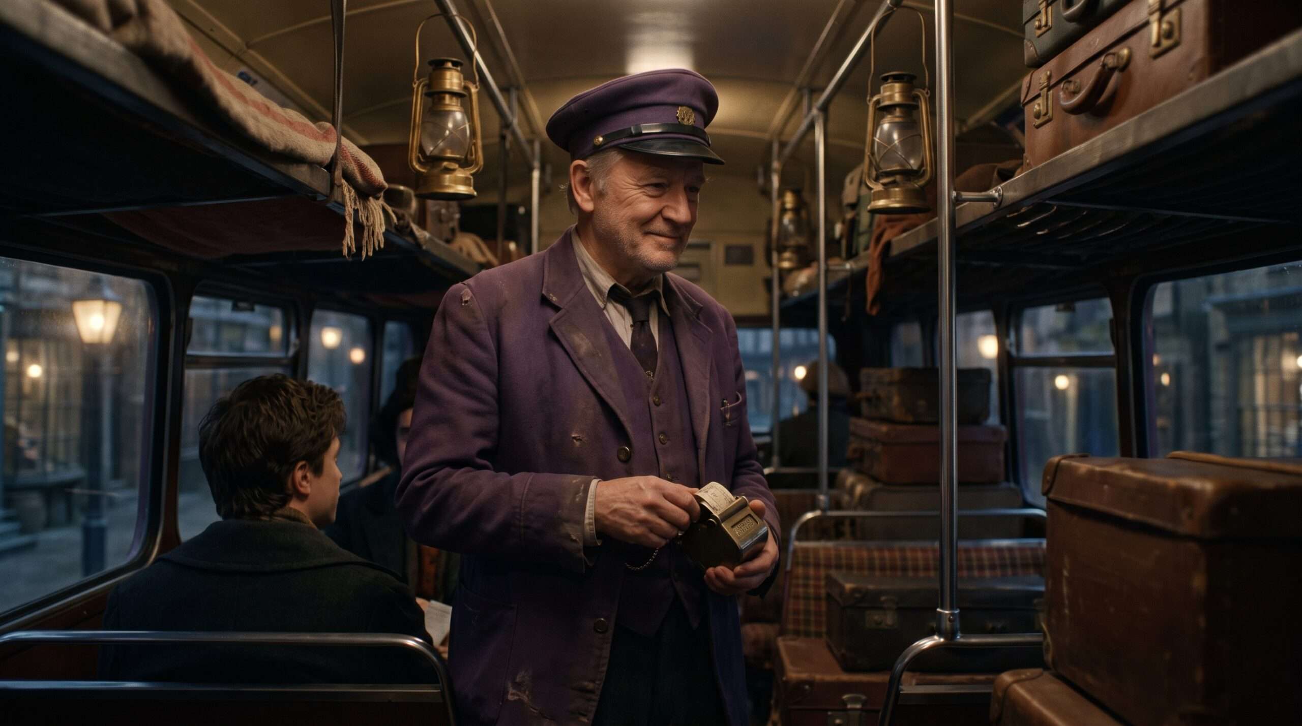 A relieved, older Stan Shunpike back on duty inside the warm, busy Knight Bus after the war.