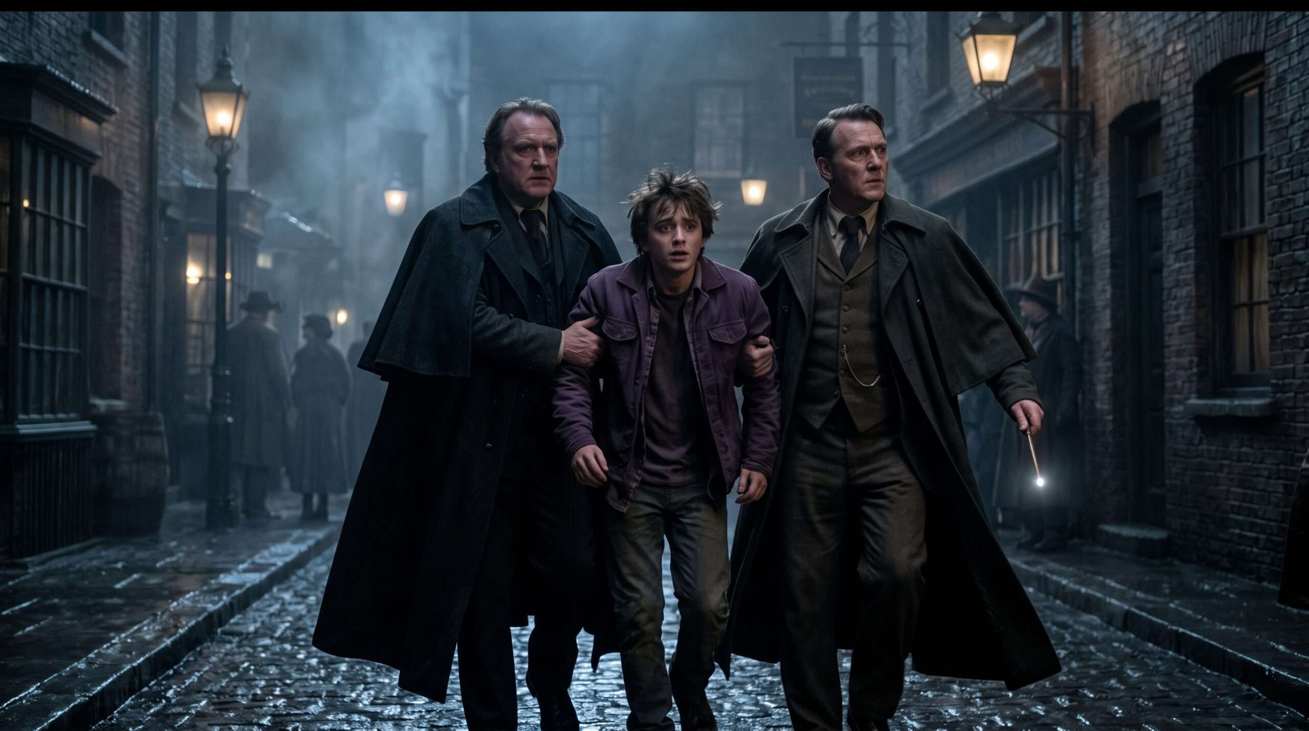 Stan Shunpike being arrested by Ministry Aurors on a dimly lit street at night.