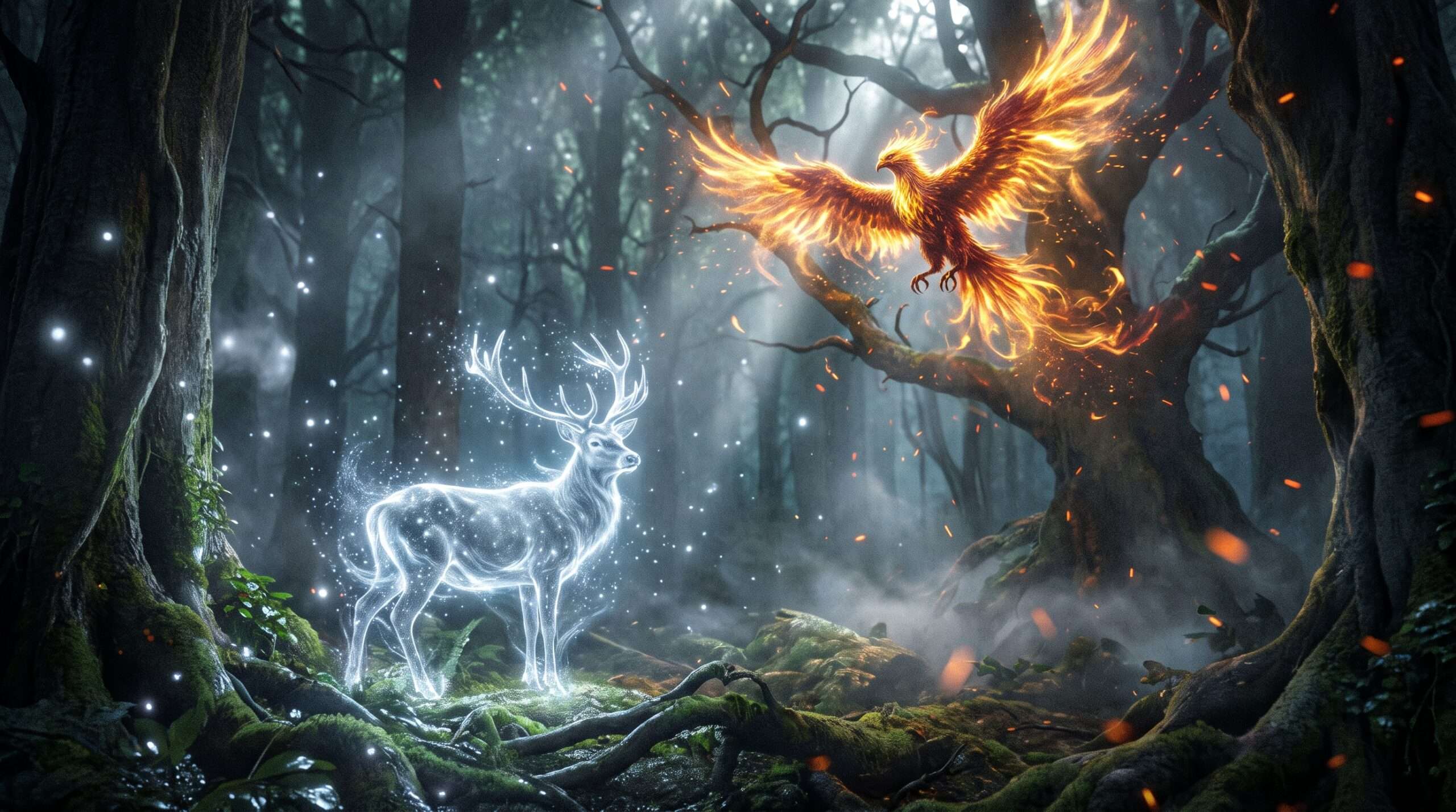 A magical photo of a shimmering, silver animal Patronus companion in a dark forest, with a radiant, fiery phoenix flying overhead.