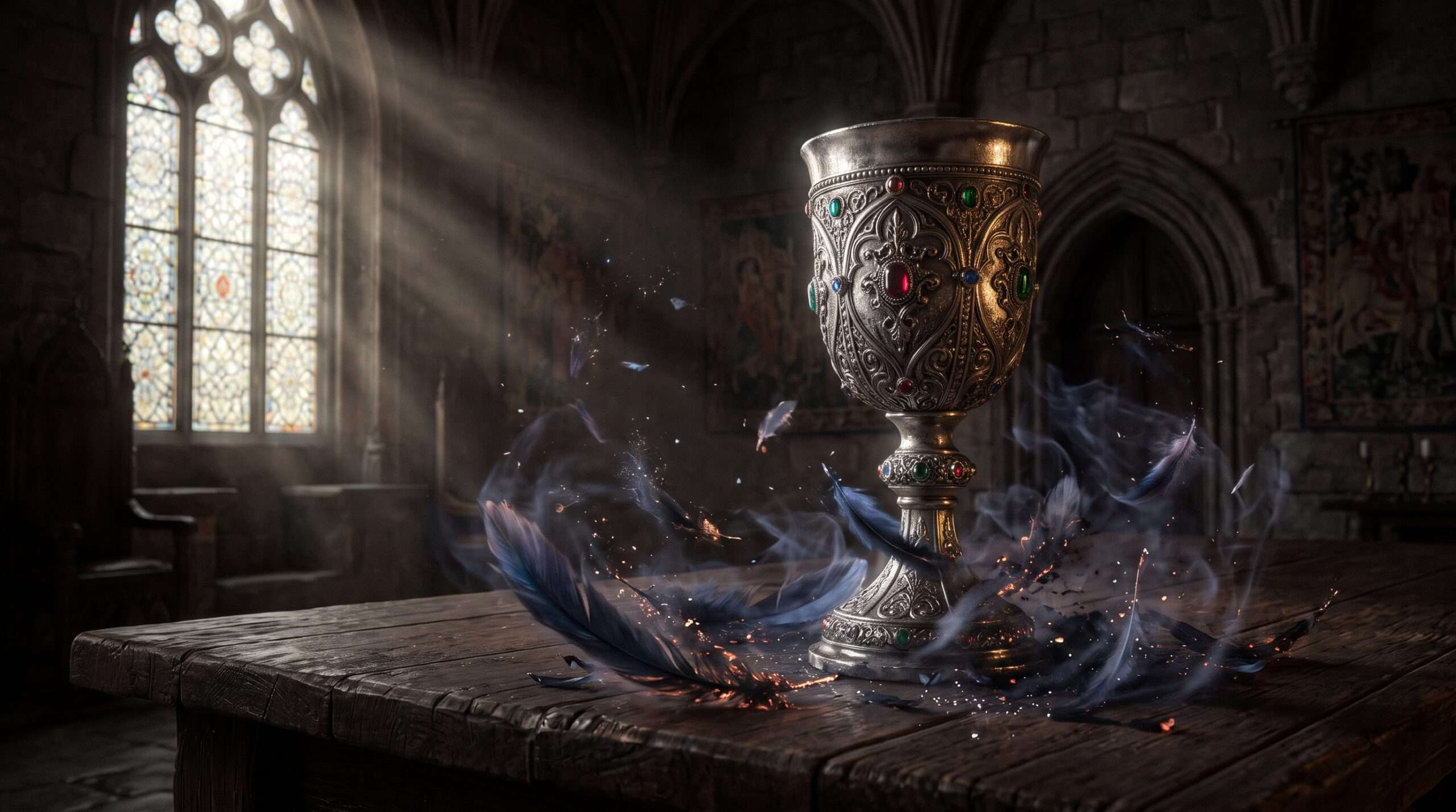 A silver water goblet surrounded by fading magical bird feathers illustrating the Vera Verto transfiguration spell.