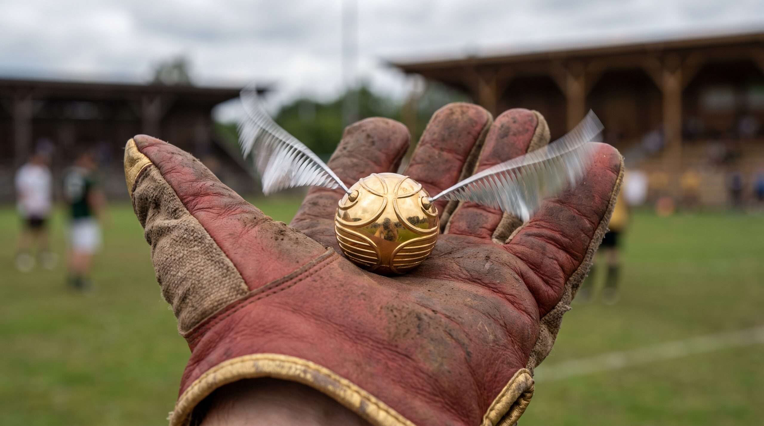 A close-up photo of the Golden Snitch resting in the palm of a worn, leather Quidditch glove, with its delicate silver wings open.