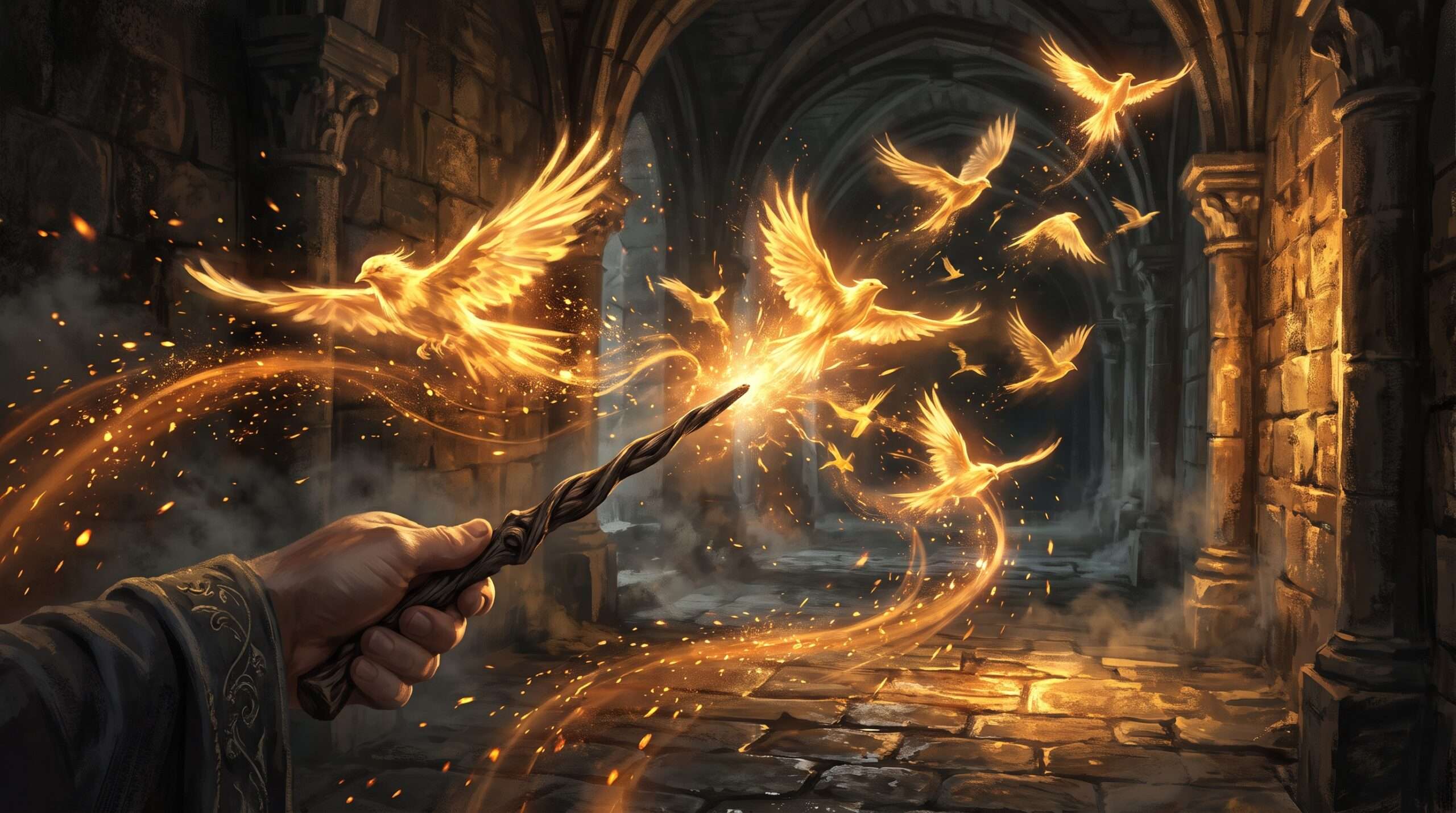 A flock of glowing magical birds bursting from the tip of a wizard's wand representing the Avis conjuration spell.