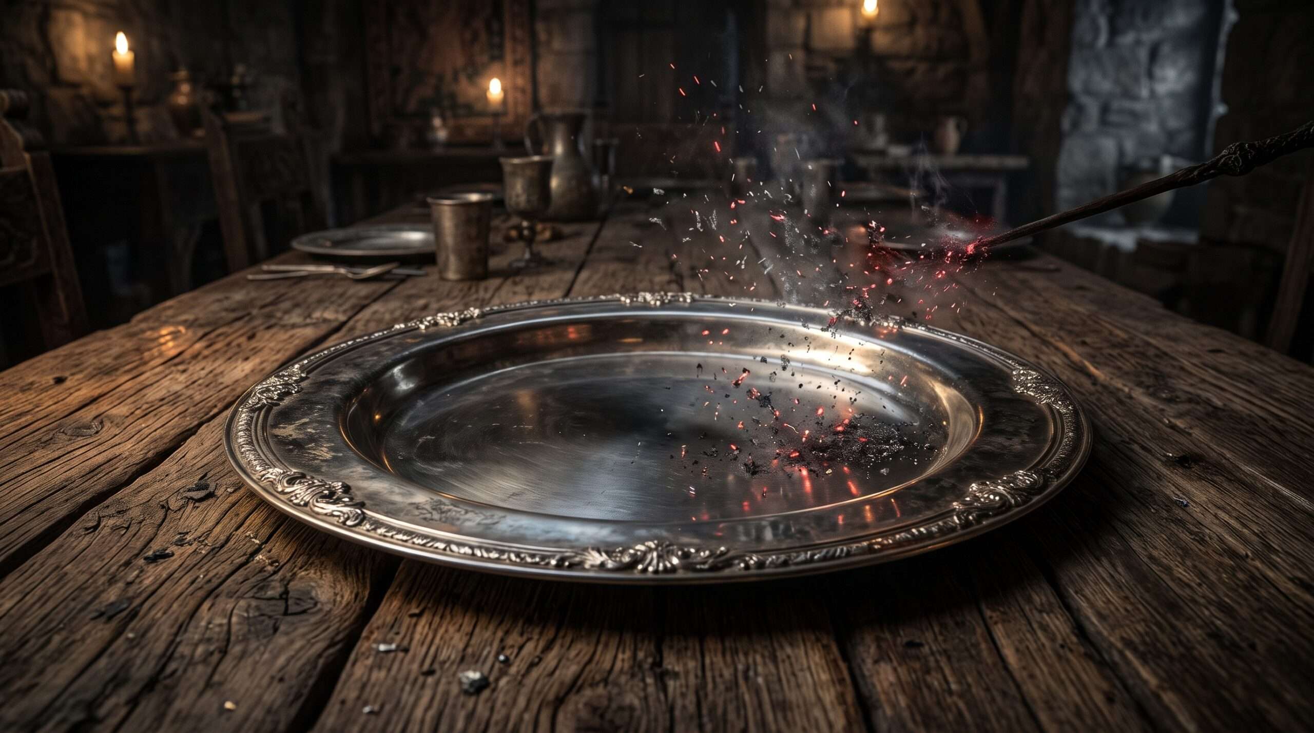 Magical sparks failing to conjure food onto an empty silver platter due to Gamp's Law of Elemental Transfiguration.