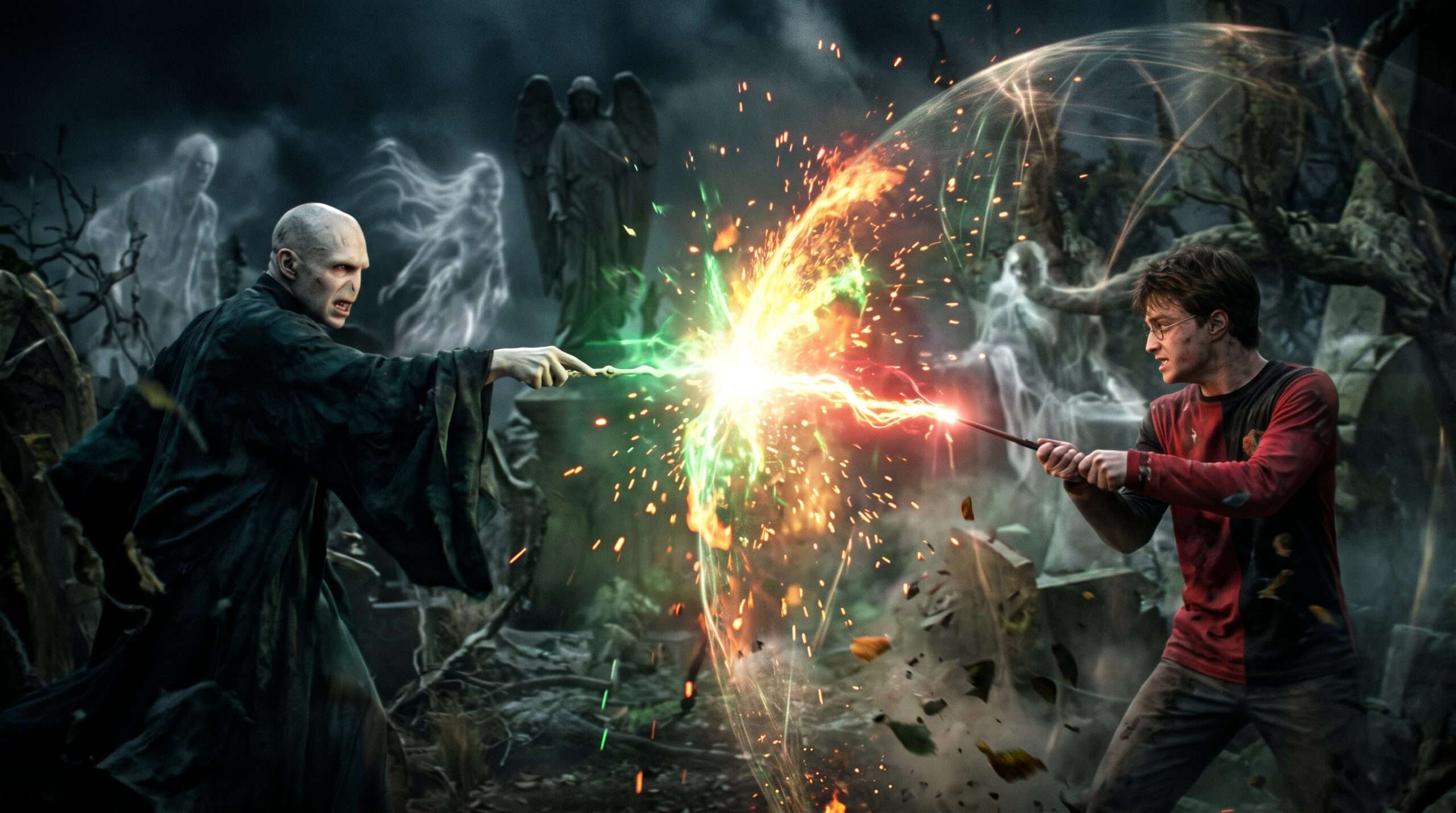 Harry Potter and Lord Voldemort locked in a magical duel with their wands connected by a blazing beam of golden energy in a dark graveyard.