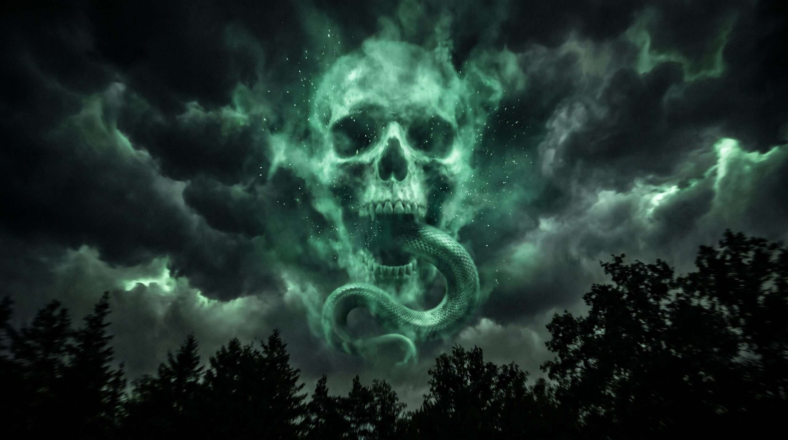 A dark, moody photo of the emerald-green Dark Mark symbol, featuring a skull and serpent, glowing menacingly in the dark night sky over a shadowed forest.