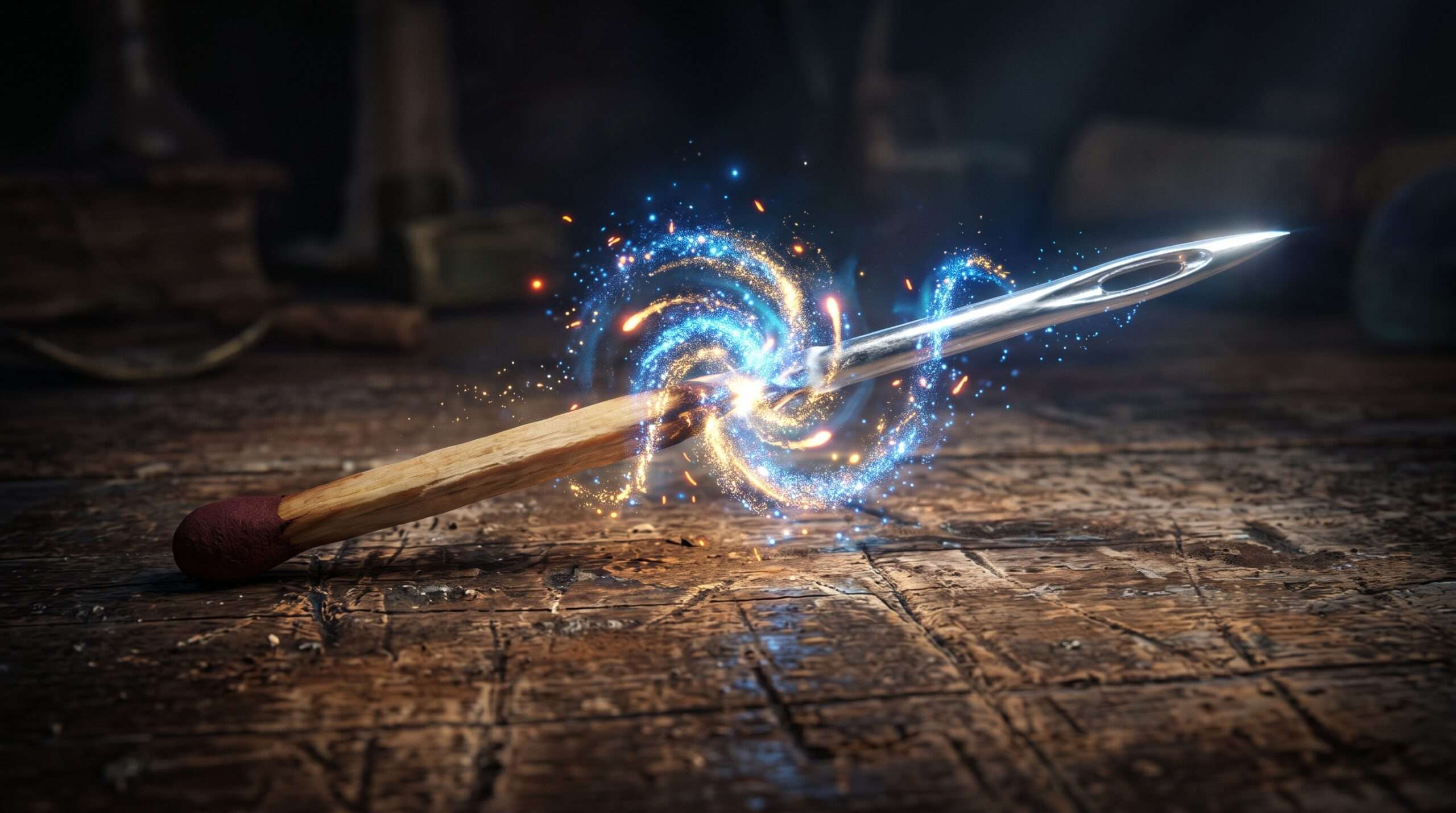 A wooden matchstick halfway transformed into a shiny silver needle by a transfiguration spell on a Hogwarts desk.