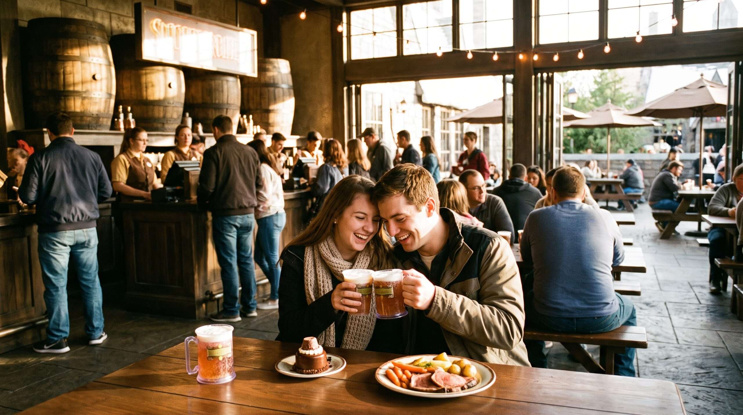 Visitors enjoying themed food and drinking souvenir Butterbeer at the Backlot Café and Butterbeer Bar in Tokyo.