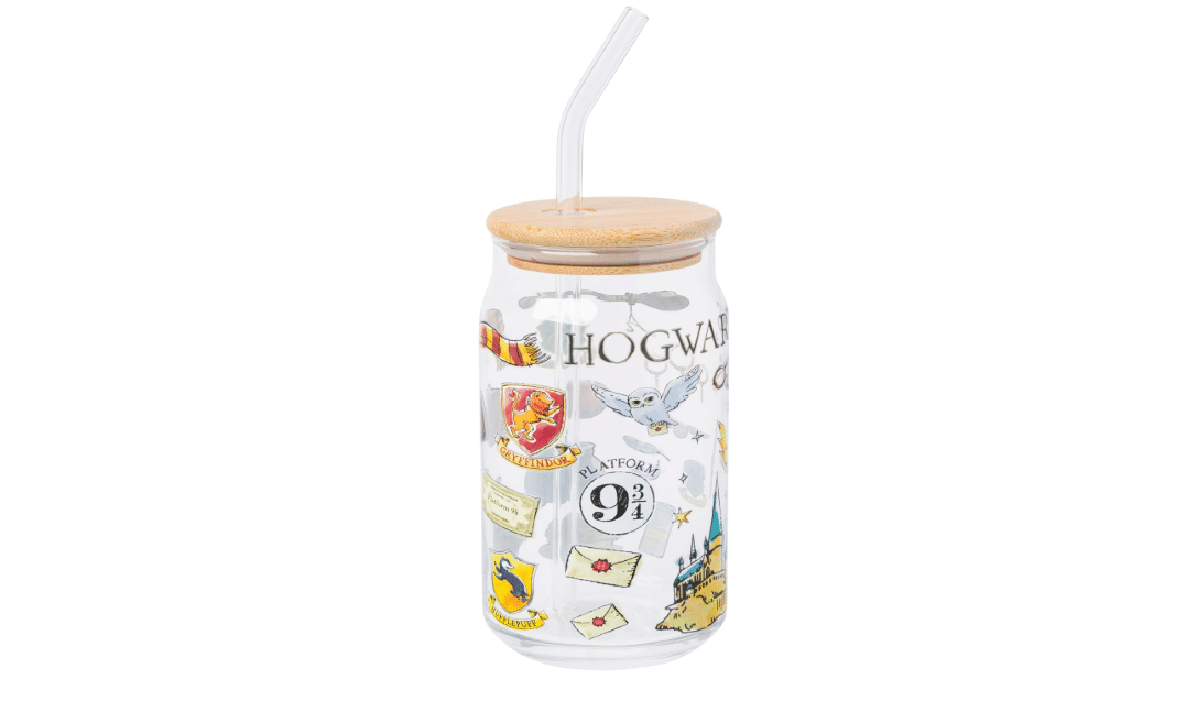 Silver Buffalo Harry Potter Gryffindor Hedwig, Glass Tumbler, 16oz | Hogwarts, Platform 9 3/4, Includes Bamboo Lid and Straw, Jar, 0.47 Liters 