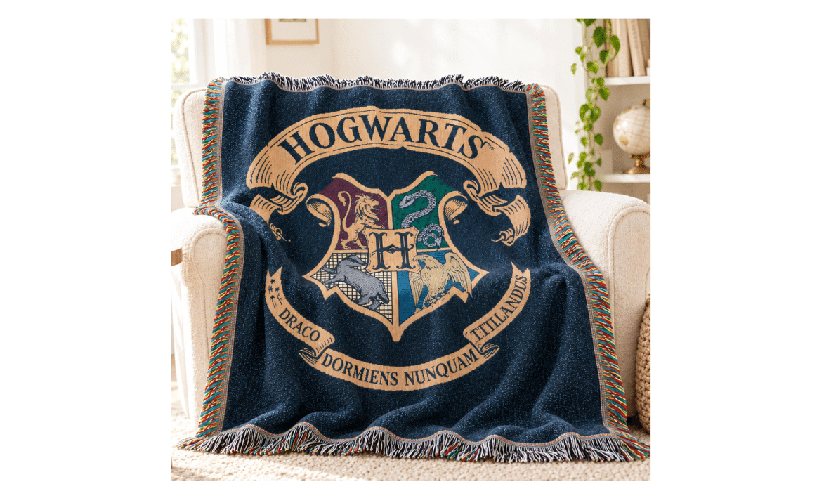 Get Trend Harry Potter Hogwarts School Crest Tapestry Throw Blanket 55x63in | Woven Jacquard Blanket, Decorative Throw with Tassel Fringe, Room Decor for...