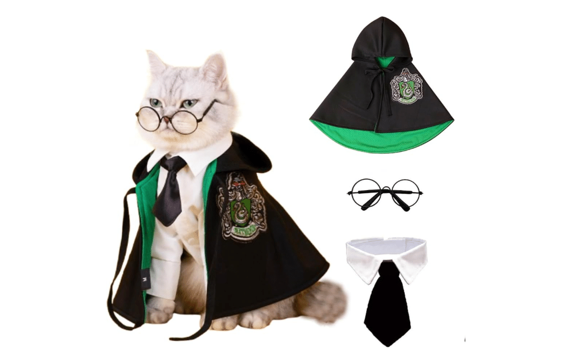 JAAQUCD Dog Halloween Magician Costume Set, Cat Wizard Cloak with Hood, Tie & Glasses, Pet Cosplay Outfit for Halloween Party, Puppy Witch Costume for...
