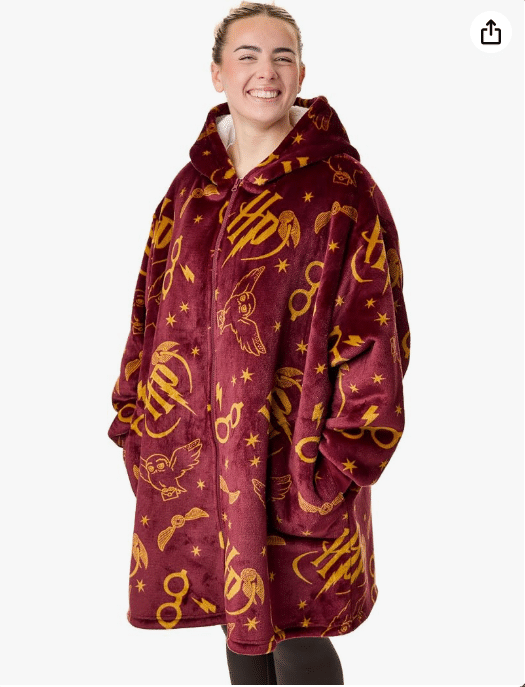 Harry Potter Womens Wearable Blanket Hoodie | Adults Hooded Zip Fleece in Burgundy | HP Hedwig Owl Print Sherpa Loungewear
