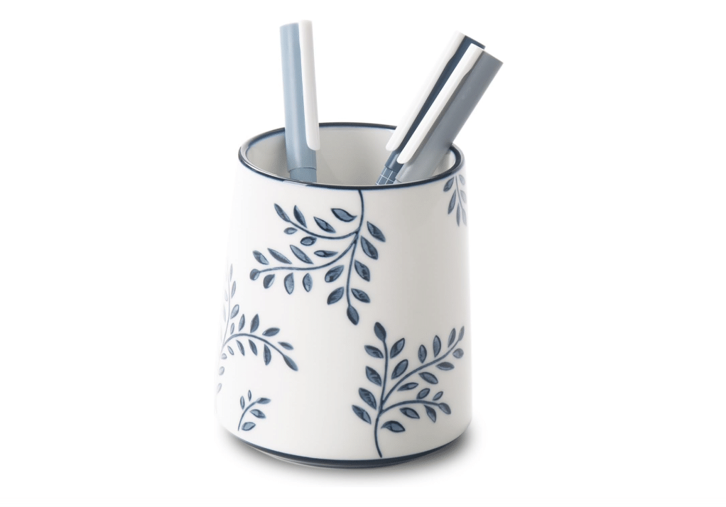 Magclay Pencil Holder for Desk, Ceramic Pen Holder, Blue and White Leaf | Chinoiserie Desk Pen Organizer