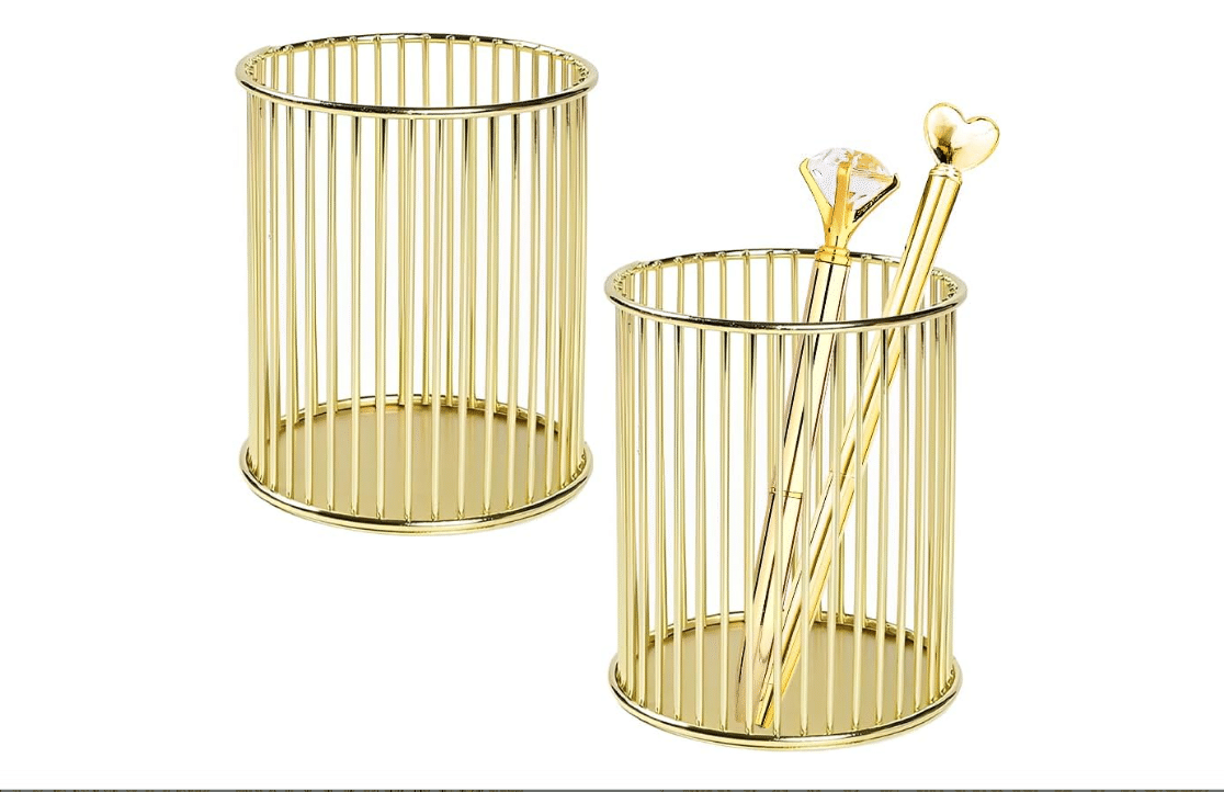 STNRST-IN 2 Pack Gold Pencil Holder, Metal Wire Pen Holder for Desk Cute, Makeup Brushes Holder, Pen Cup for with 2 Pens, Desk Organizer Gold for Home...