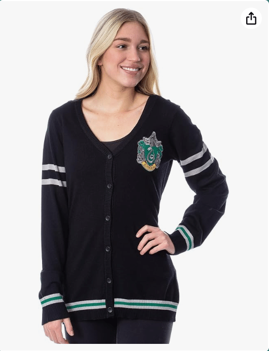 Harry Potter Womens' Slytherin House Crest Open Front Cardigan Juniors Knit Sweater 