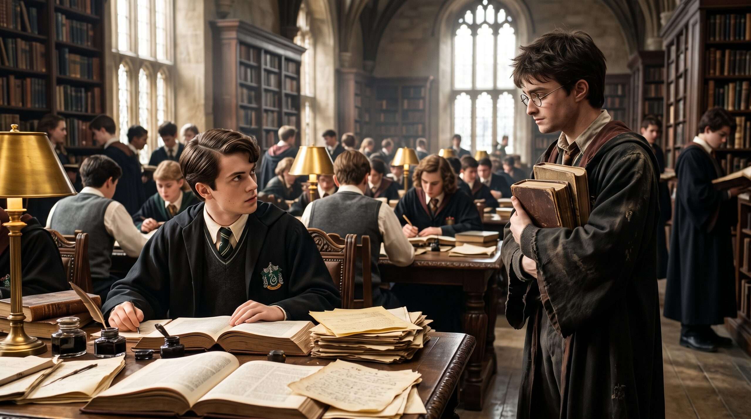 Fandom Alternate Universe scene of Harry Potter and a teenage Tom Riddle studying cautiously across from each other in a 1940s Hogwarts library.
