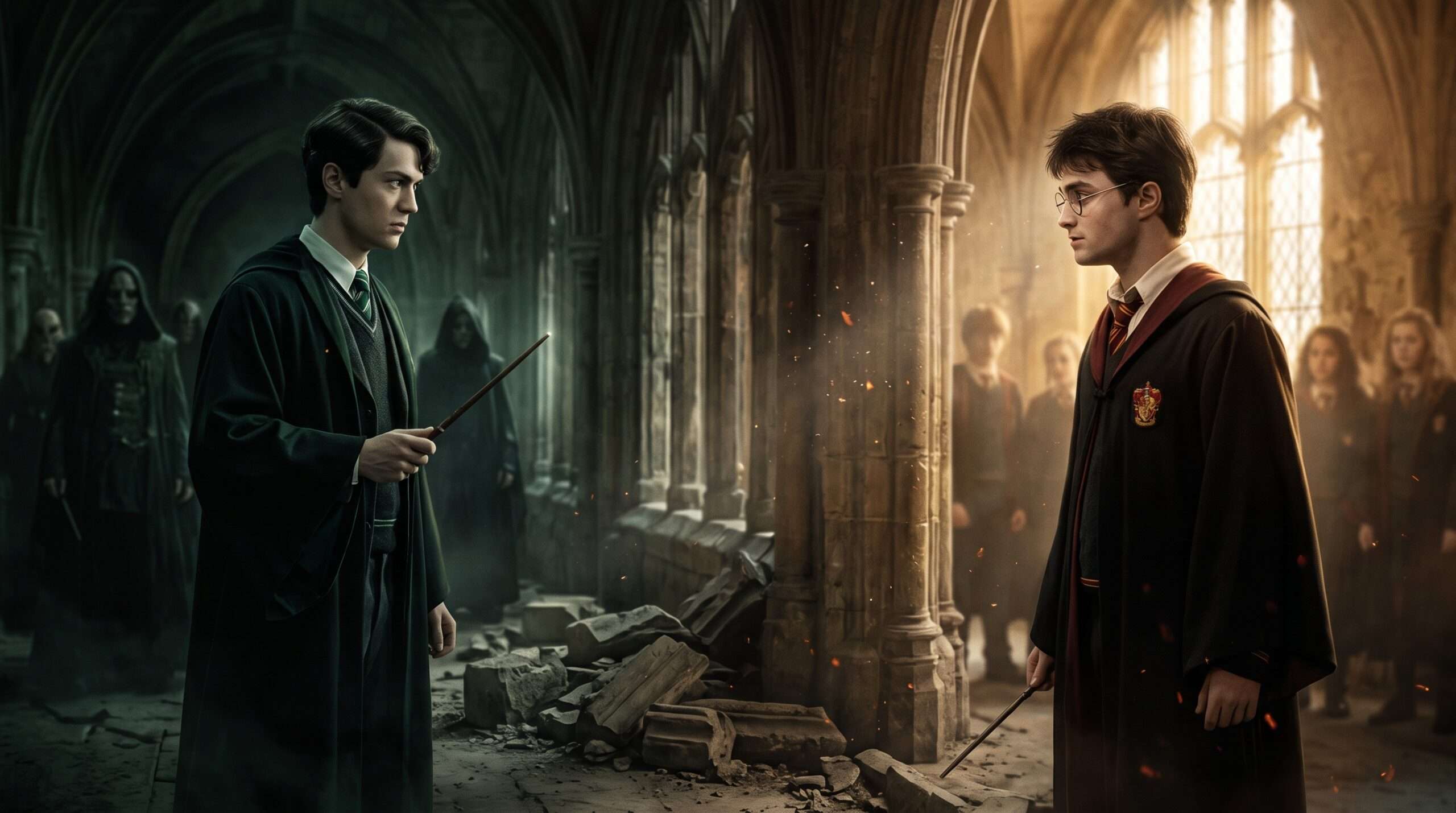 Cinematic shot of Harry Potter in warm light and Tom Riddle in dark green shadow facing each other in a Hogwarts corridor, highlighting their contrasting paths.