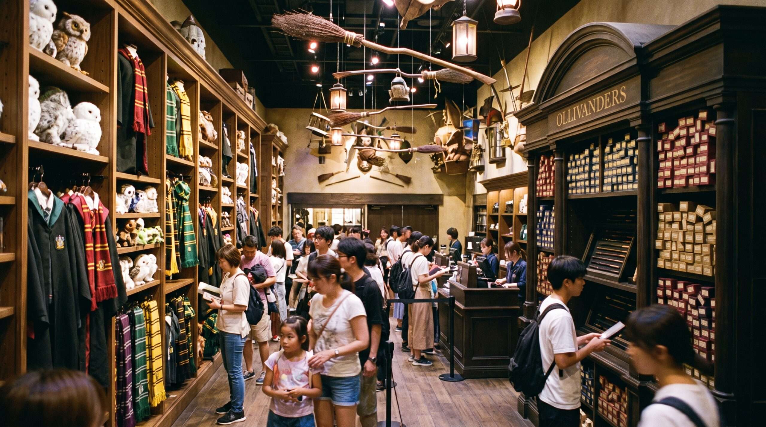 Crowds browsing and shopping for merchandise, wands, and robes at the massive Harry Potter Studio Tour gift shop in Tokyo.