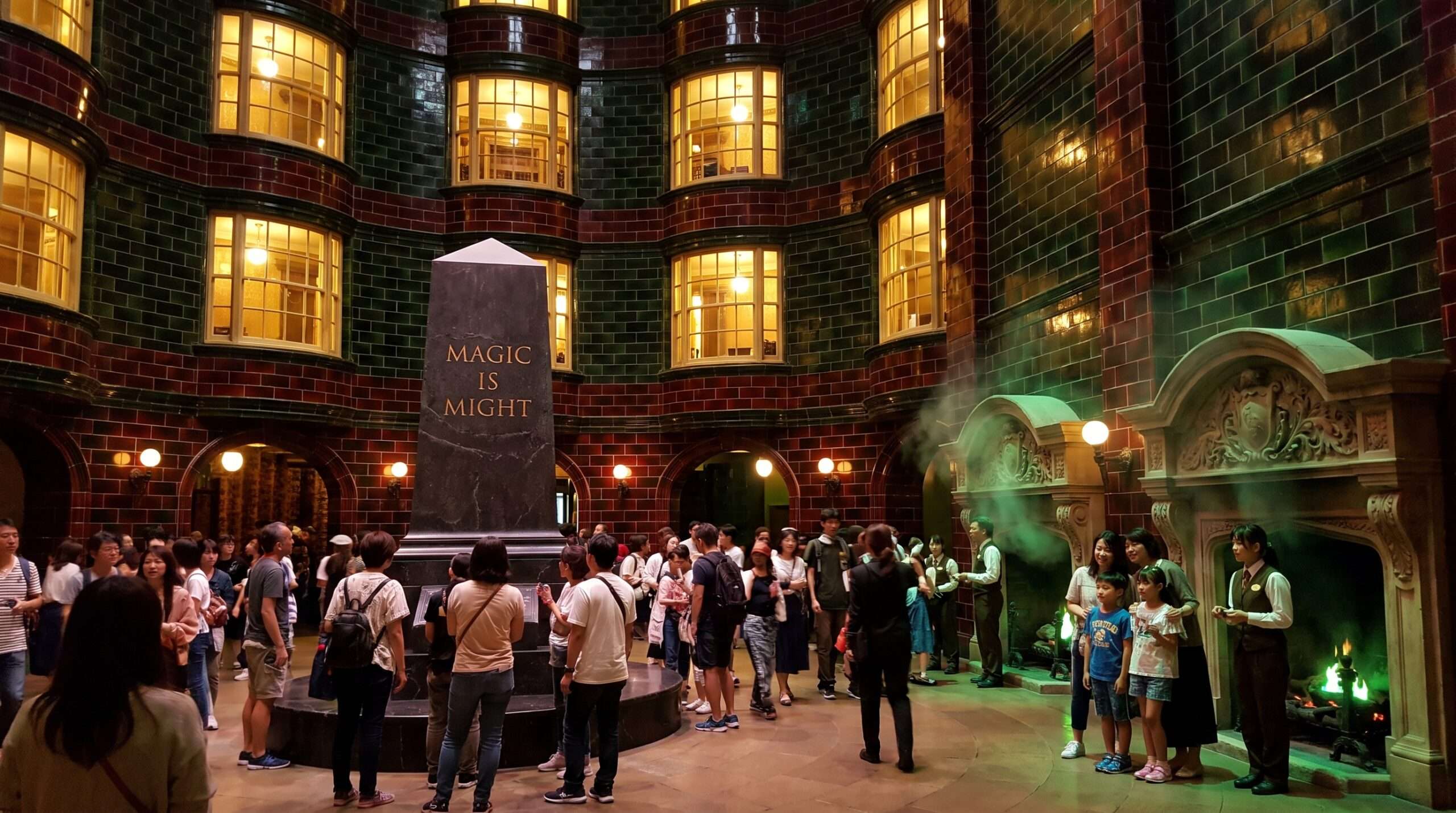 The massive, world-exclusive Ministry of Magic indoor set featuring towering dark-green tiled walls at the Tokyo Harry Potter studio tour.