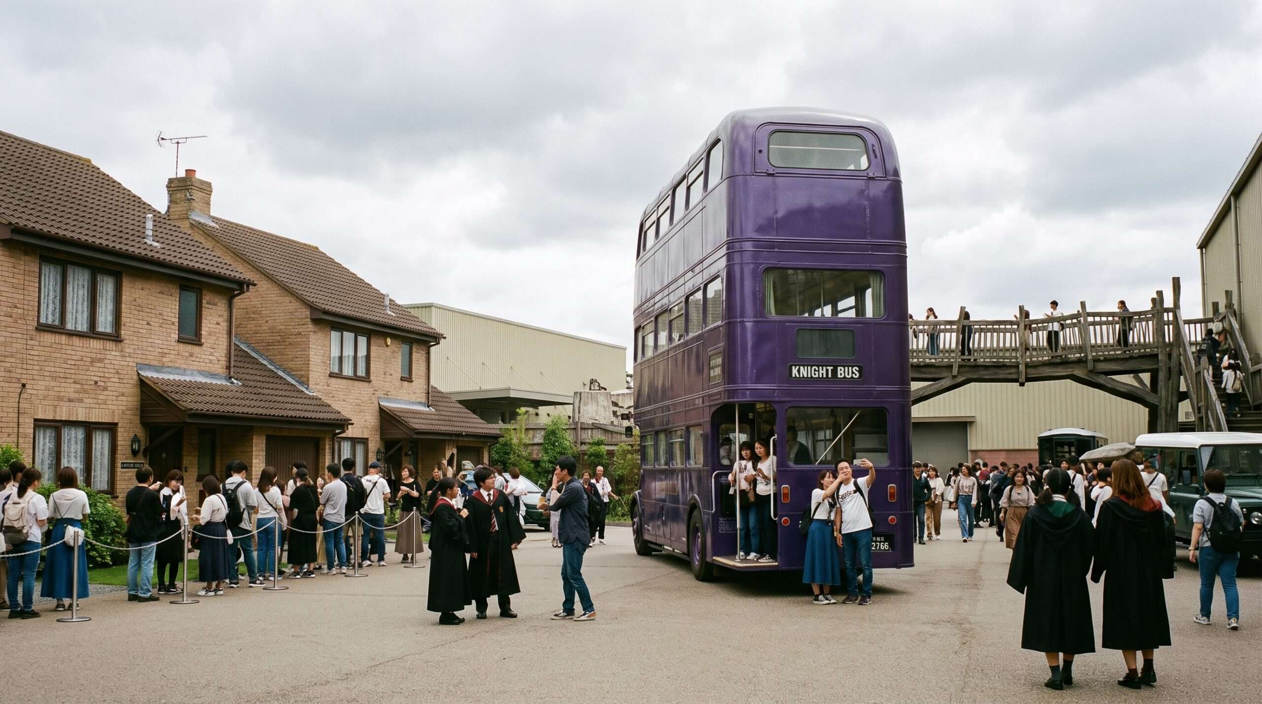 Outdoor backlot at The Making of Harry Potter Tokyo, featuring the purple Knight Bus, Hogwarts Bridge, and Privet Drive.