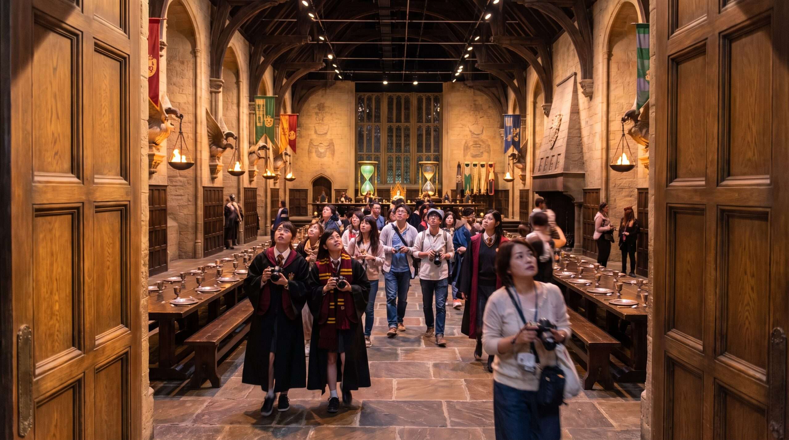 Visitors exploring the grand, heavily detailed Hogwarts Great Hall set at the Warner Bros. Studio Tour Tokyo.